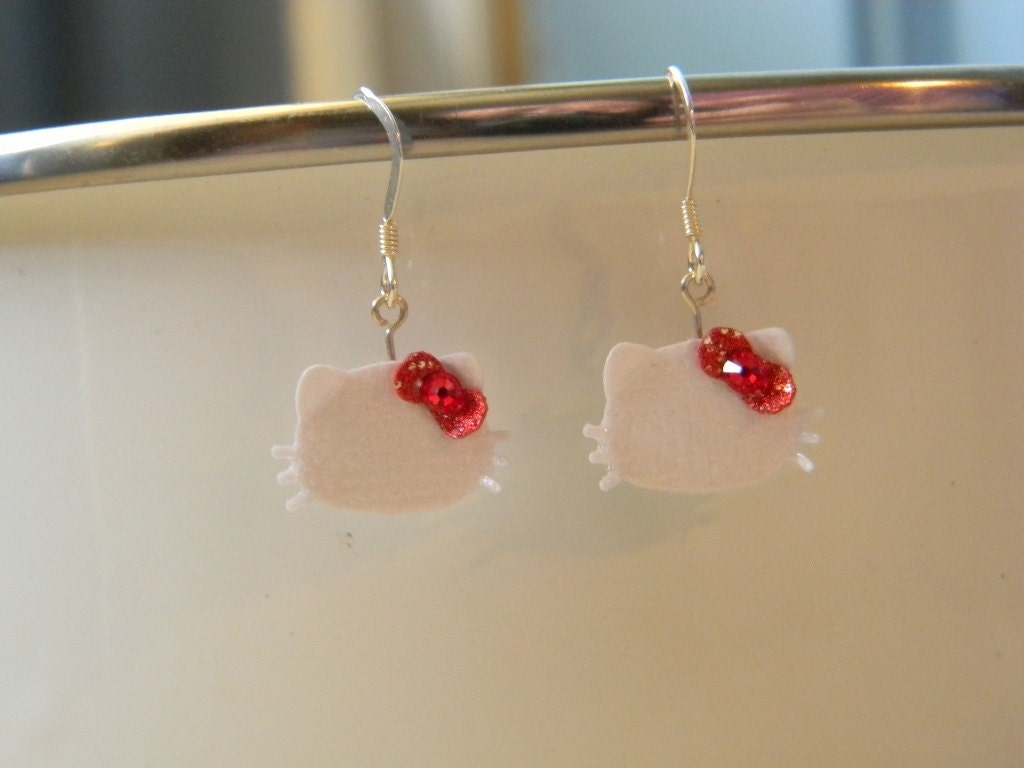 Hello Kitty Earrings - Paper Earrings with Red Bow and Crystals
