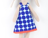 Natural canvas Stuffed doll ,Bunny - Softie Rabbit Wearing retro dress with navy blue  geometric circles - timo handmade fabric doll