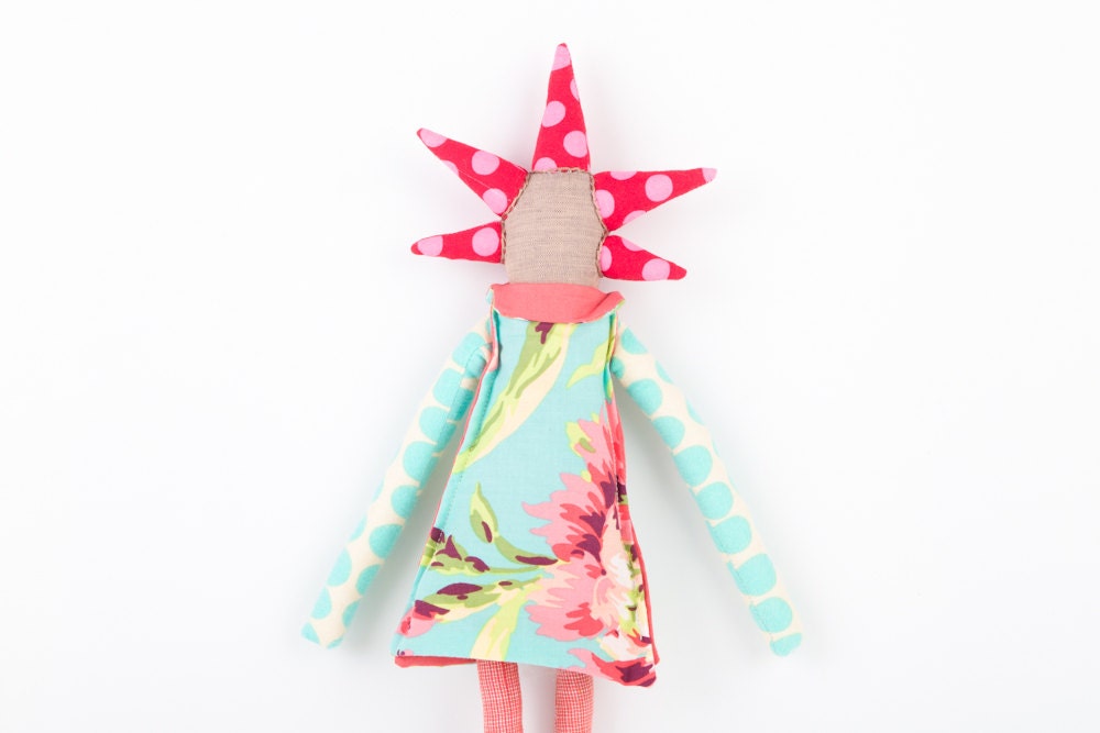 ooak hip rag doll  - funky mocha handmade doll With cool red pink spikes Haircut ,Turquoise floral dress and peach stockings - timo doll
