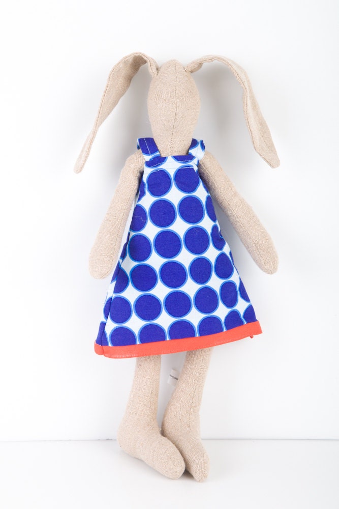 Natural canvas Stuffed doll ,Bunny - Softie Rabbit Wearing retro dress with navy blue  geometric circles - timo handmade fabric doll