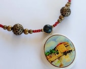 Catalina Island, Casino Miniature Watercolor Painting On Shell with Bronze & Brick Red Glass Beads