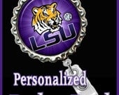LSU  badge reel with pinch clip..nurse..teacher..lpn..rn..md..id holder..lanyard..bottlecap jewelry