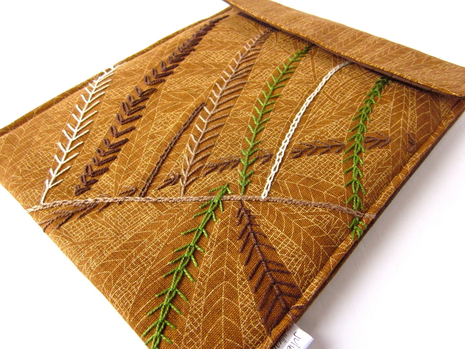 iPad sleeve - hand embroidered embellished cover - woodland leaves green brown - gadget electronic seen on Pioneer Woman graduation gift 