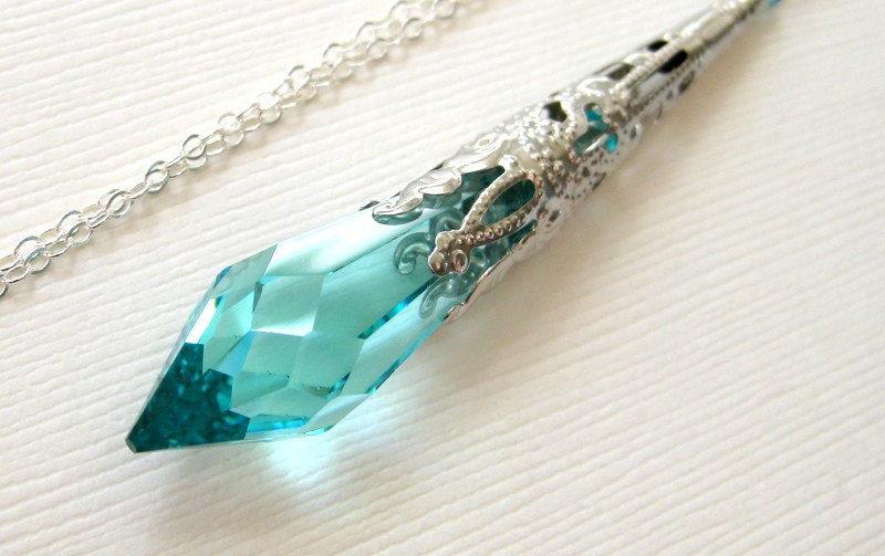 Aqua necklace, Antique Silver Necklace, Ocean blue green Swarovski crystal necklace, Victorian handmade jewelry