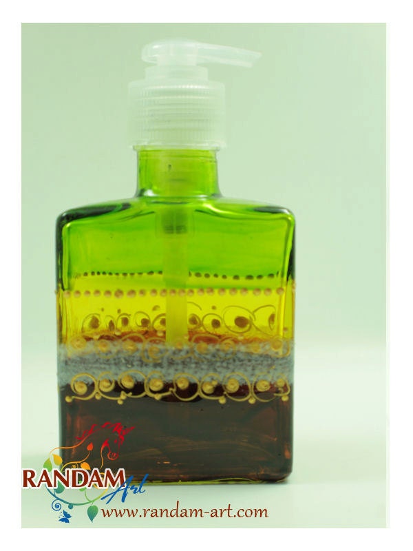 Soap or Lotion Dispenser. Recycled Art on Glass Bottle with Clear Pump.