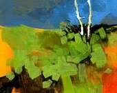 Original acrylic semi-abstract landscape painting - Two white trunks
