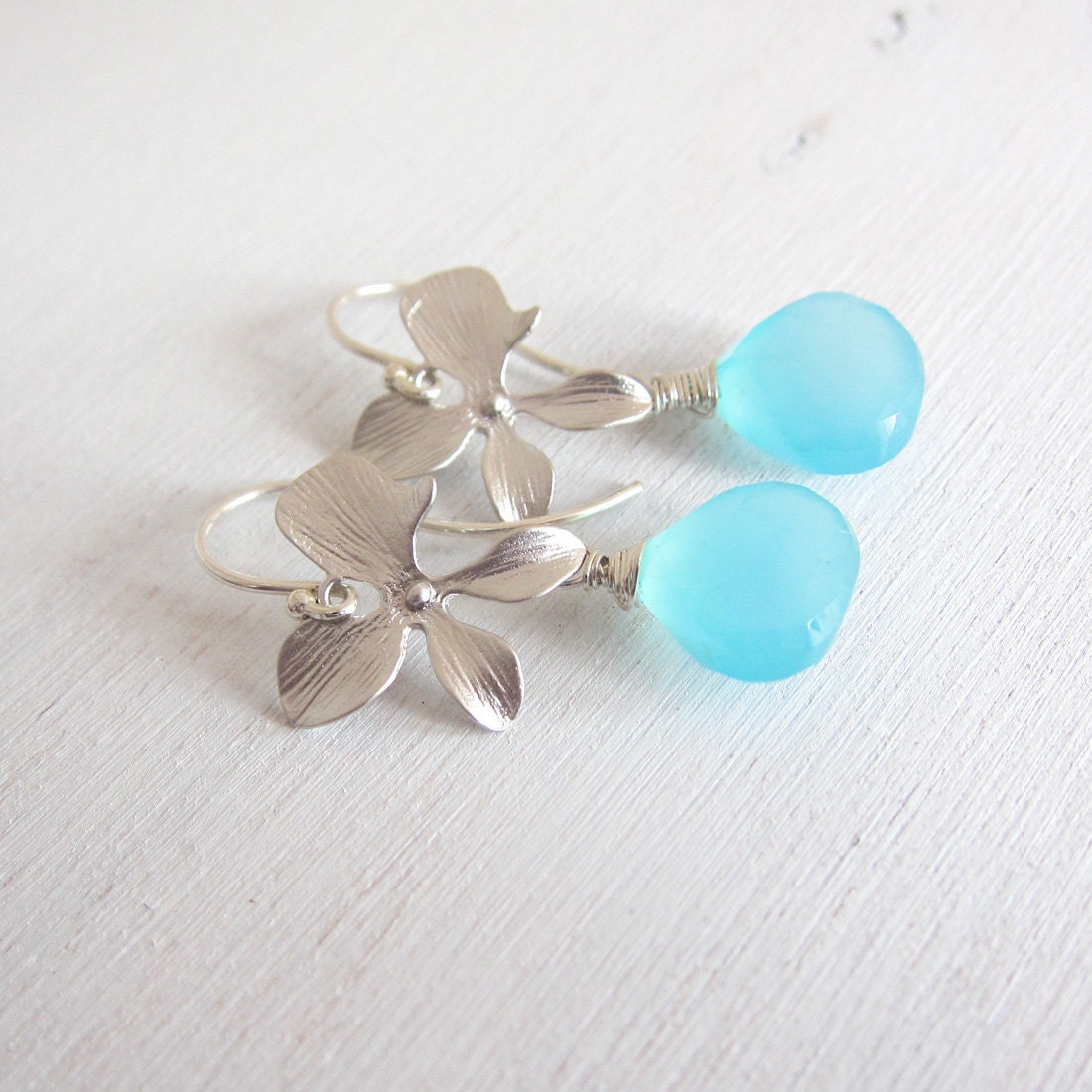 Sky Blue Chalcedony Silver Orchid Flower Earrings, Argentium Sterling Silver Hoops, Wedding Jewelry, Gift Under 25