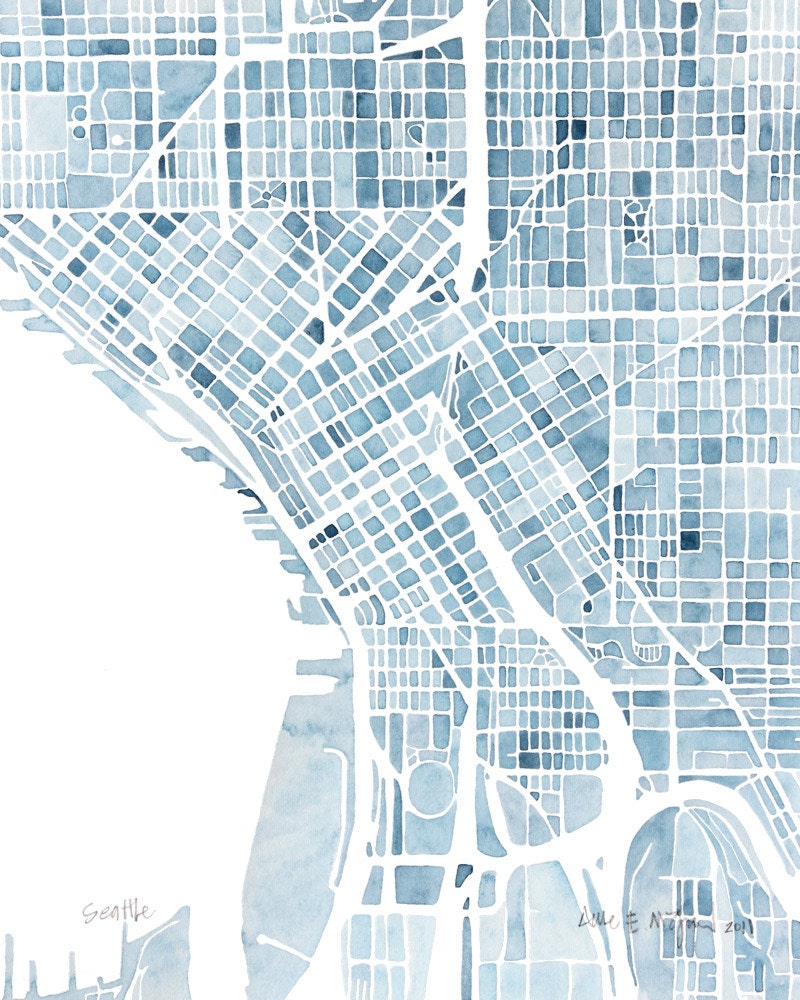 Seattle Washington Blueprint 10x8 City map watercolor wall art ready to frame