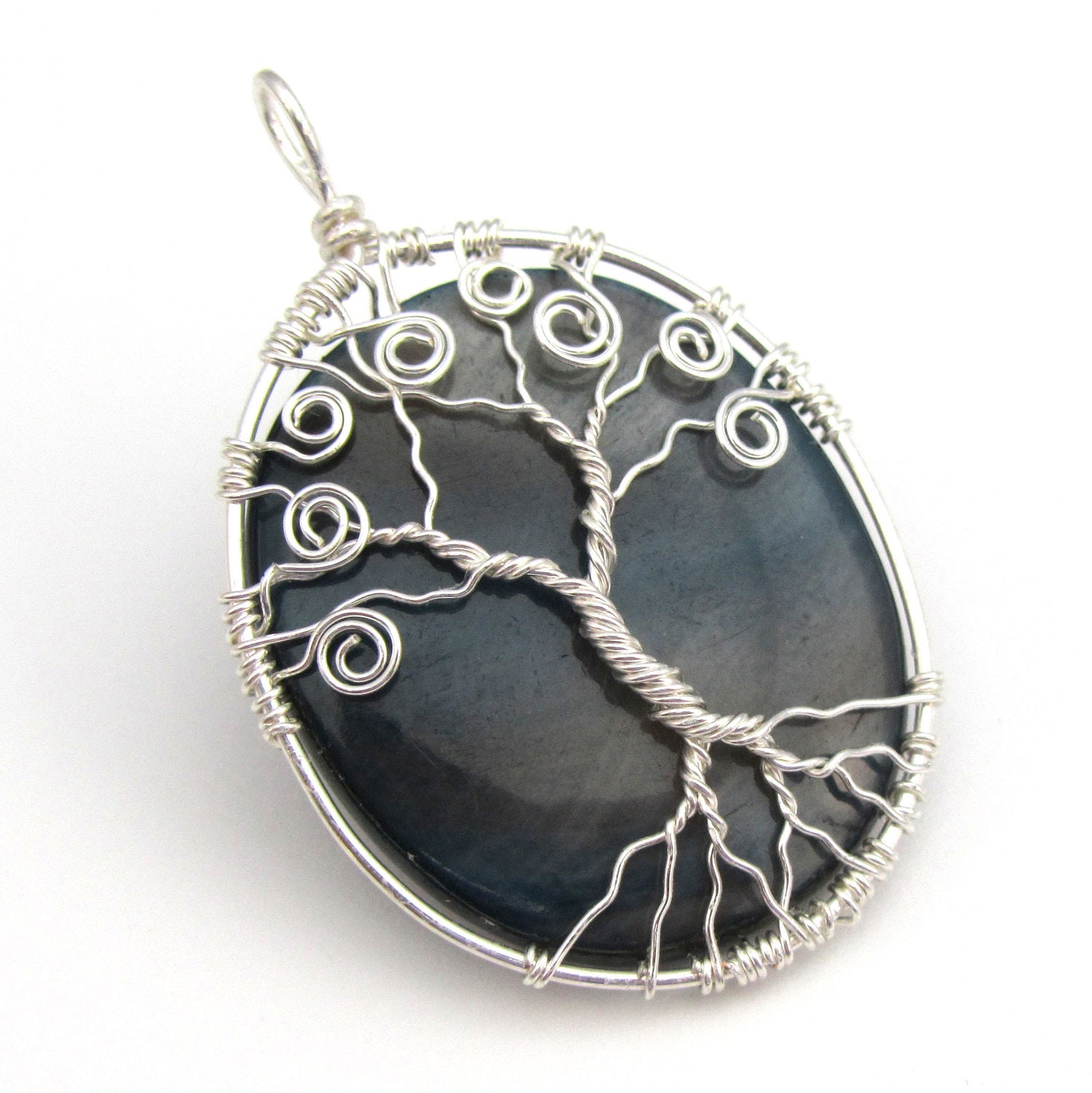 Tree of Life Necklace- Wire Wrapped Blue Shell - Silver Tree - Celtic, Elven, Elegant, Abalone - FantasiaElegance