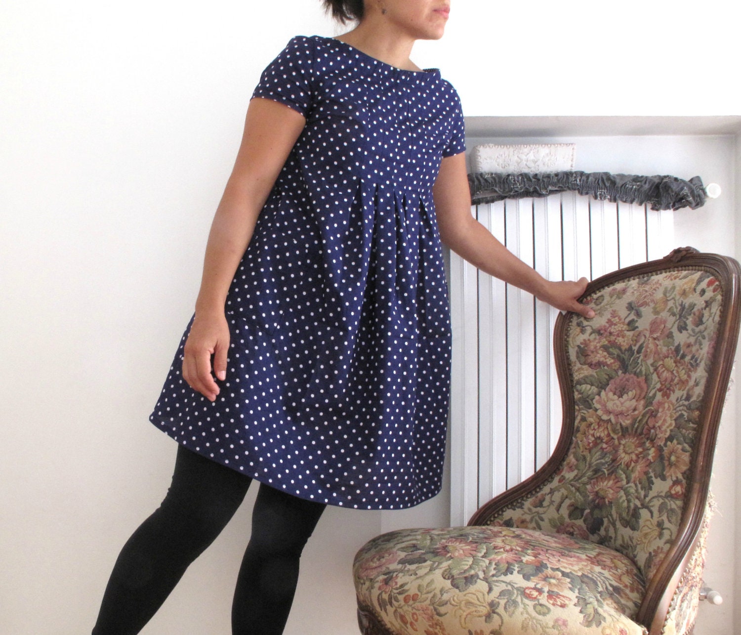 Pleated dress tunic for women XL size, plus size. Polka dots print. Japanese style. Navy, blue marine 100% cotton, italian fabric.