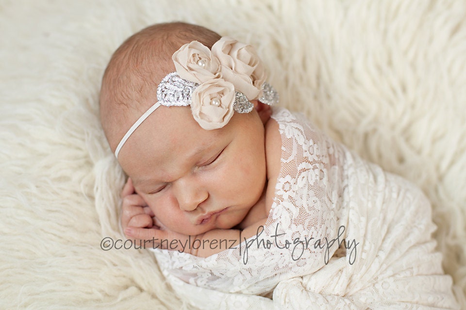 Antique Beige Chiffon Flower & Pearl Headband - Newborn, Infant, Child, Teen and Adult - Photo Prop