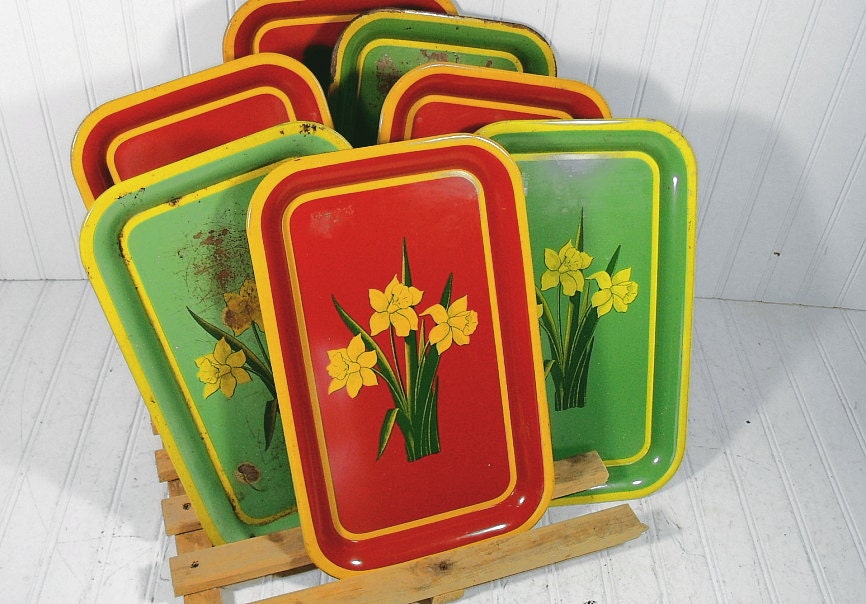 Colorful Crusty Metal Trays Collection - Set of 7 - Vintage 1940s Serving - Shabby Chic / BoHo Bistro Display