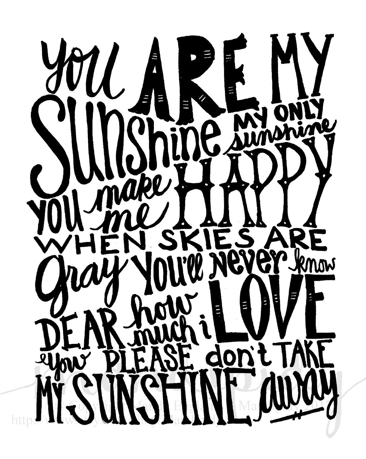 You Are My Sunshine - Black Vintage Text - 8x10 Illustrated Print by Mandipidy