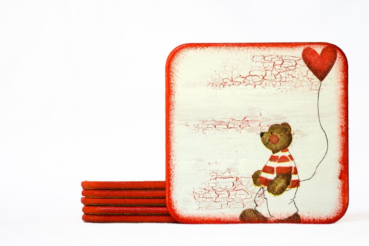 BEARS LOVE, Rustic Love Coasters, Wood Wooden Rustic Coaster Set of 6, Square Coasters Red & White, Valentines Days Gift ohtteam