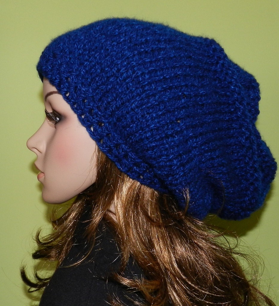 Hand Knit Women/Teen Slouchy Hat, Soft Chunky Beanie, Rasta Cap, Baggy Beanie - hairy NAVY