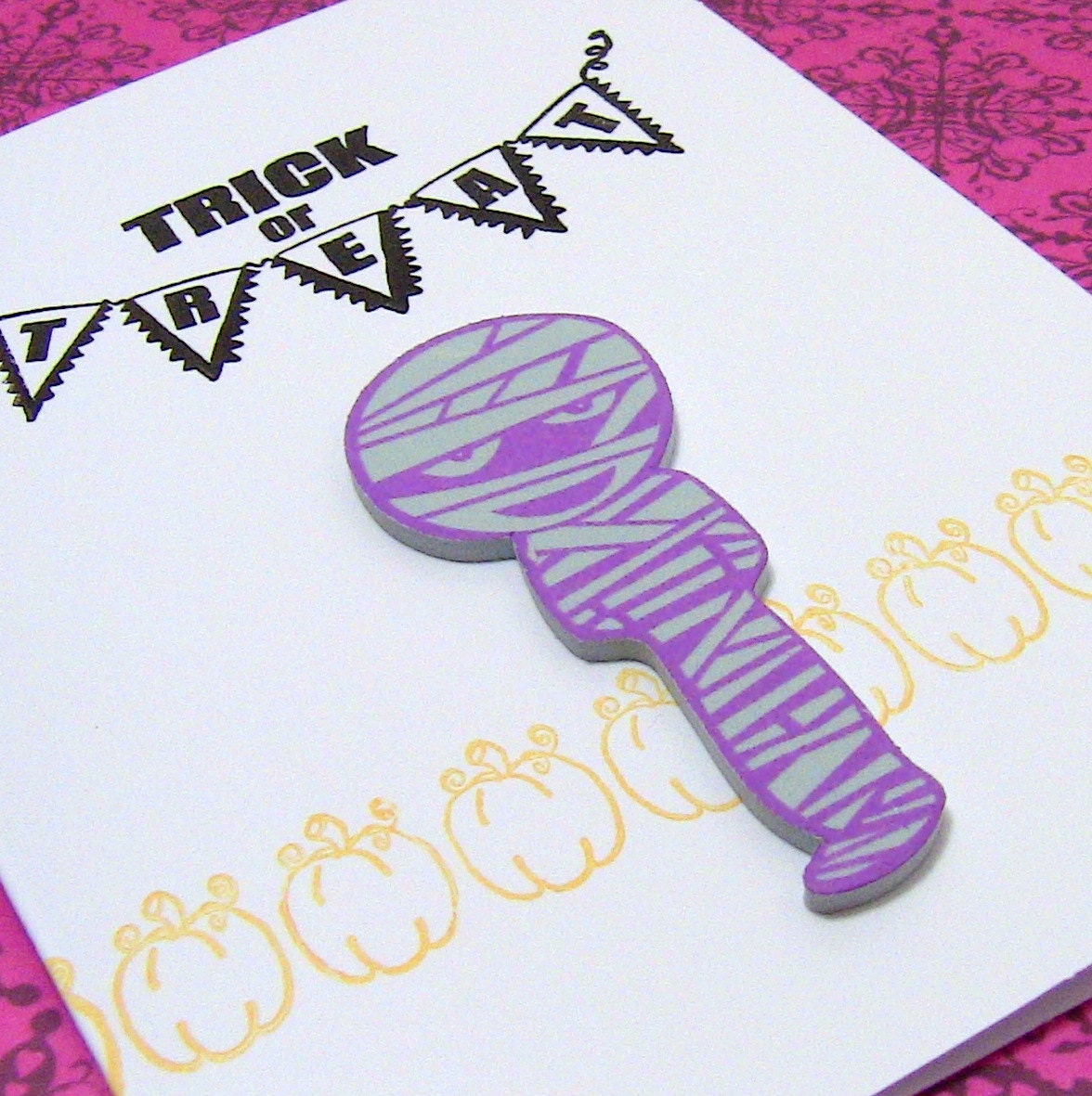 Set of 8 Mummy "Trick or Treat" Halloween Cards / Stationery with Orange Pumpkin Border- Ready To Ship