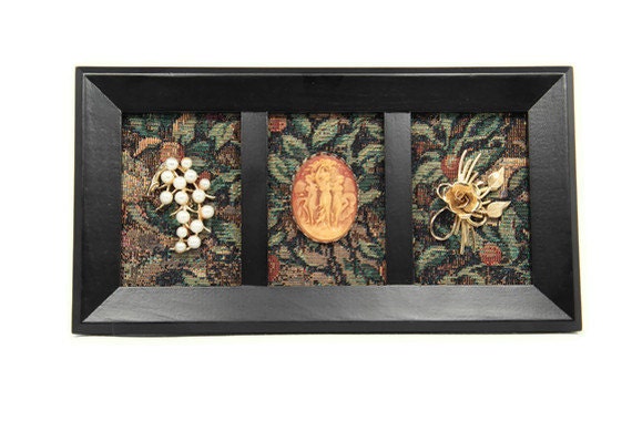 Framed Vintage Jewelry Art on Tapestry - In the Garden