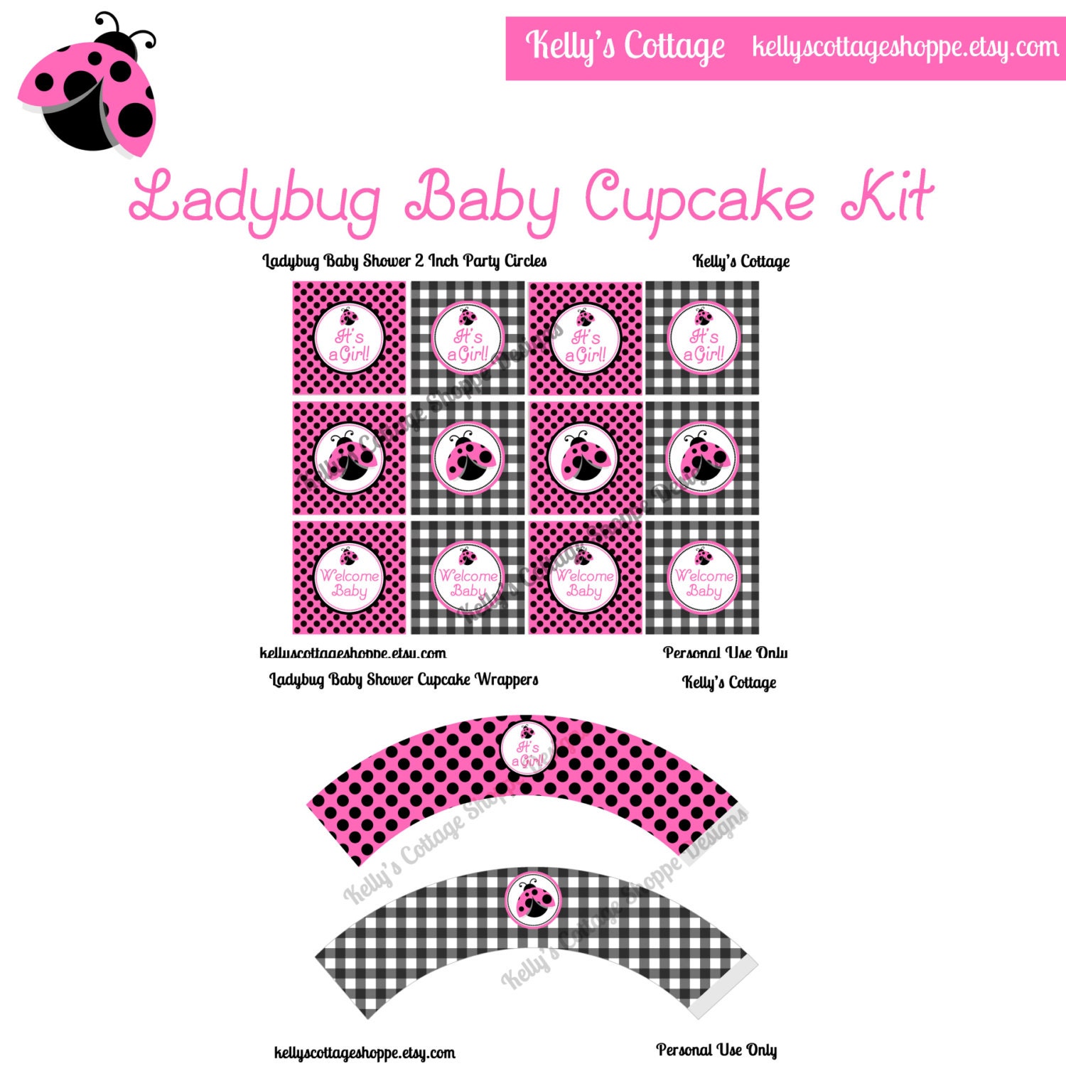 Instant Download Ladybug Baby Shower Cupcake Kit- 2 Inch Party Circles and Cupcake Wrappers Il_570xn