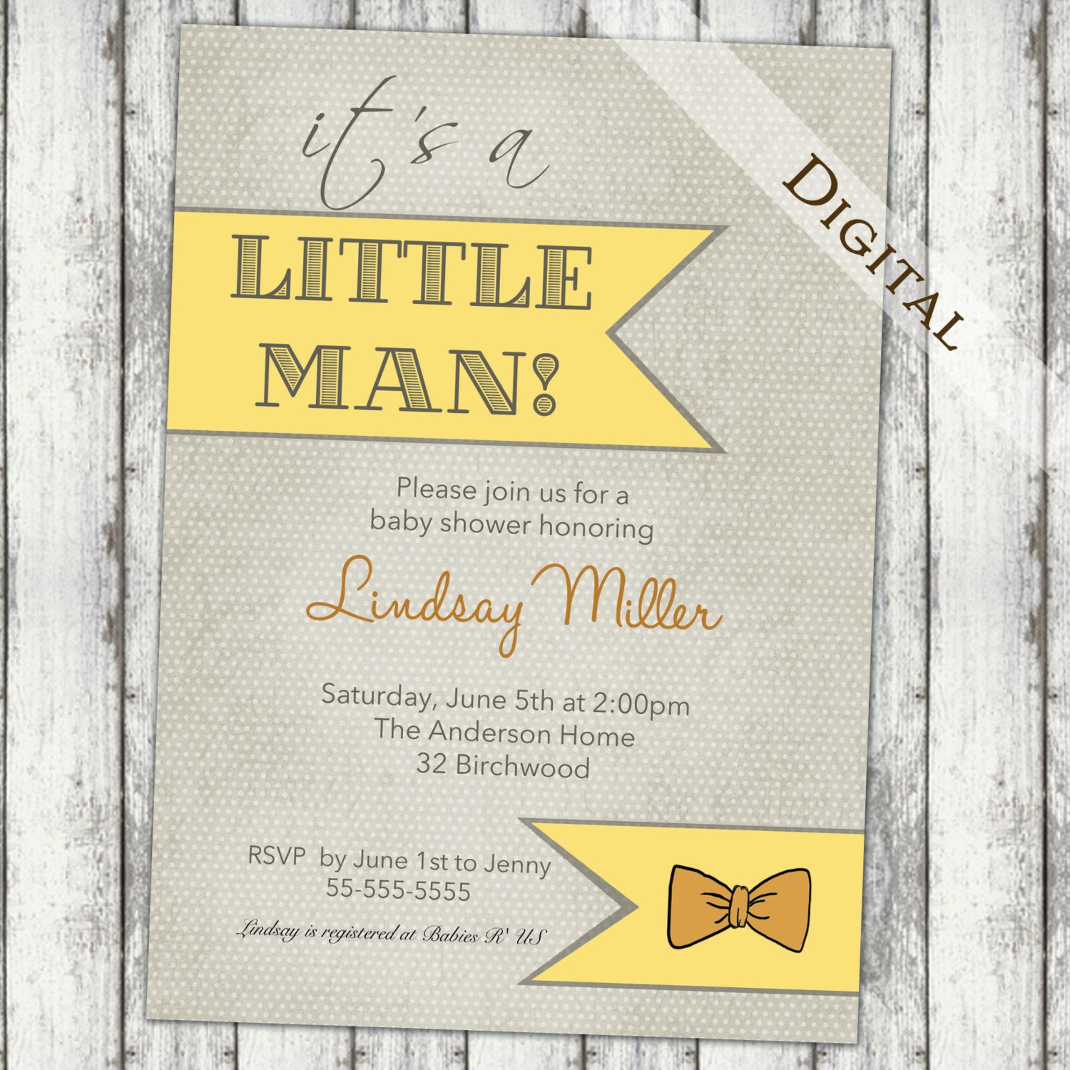 baby boy shower invitation with bow tie, little man, brown and yellow, digital, printable file (item 126)