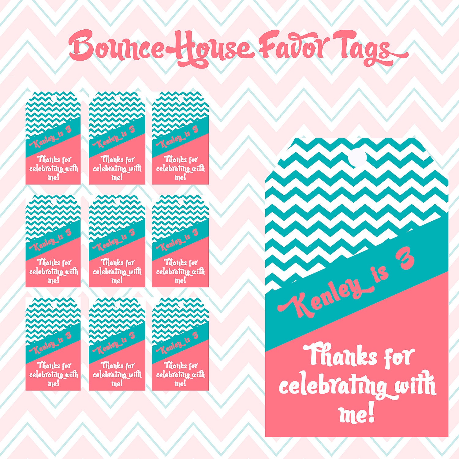 BOUNCE HOUSE PARTY- Favor Tag- Pink and Teal- Libby Lane Press