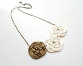 Elegant knotted flowers necklace - in cream white and dark olive rattail, satin cord, retro chic, antique brass, rope jewelry, summer, gift