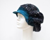 Newsboy Hand knited big beret,soft wool and acrilic, felt teal visor, ooak beanie hat, unique fashion, dark grey, green melange