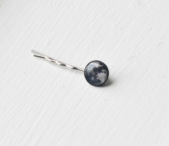 Full Moon Hair Pin - Bobby Pin-  Black & White Outer Space- Solar System- Last Minute Gift Idea- For Her- Wedding Bridesmaid- Free Shipping