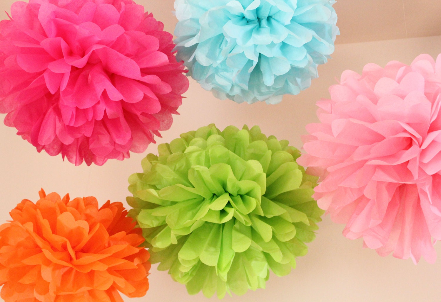 Birthday  Decorations - 7 Tissue Paper Pom Poms Plus 3 Flowers - PICK YOUR COLORS