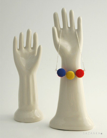 Vintage Kimono Necklace, Sterling Silver, Silk, Red Blue and Yellow