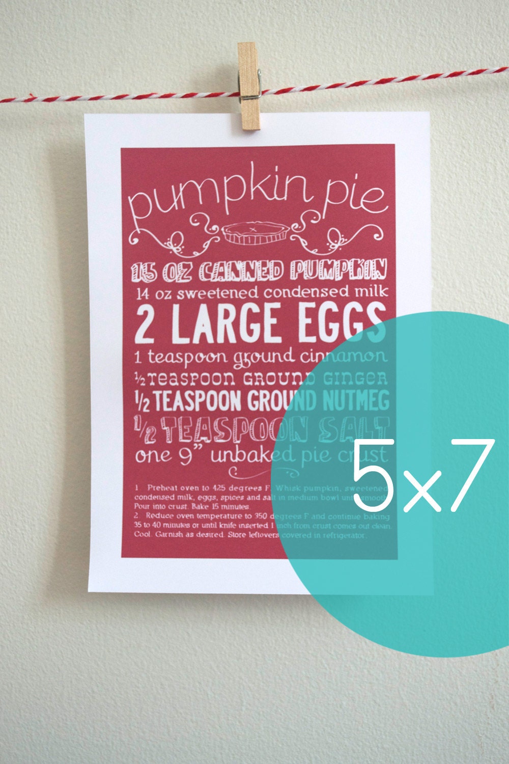 5x7 Pumpkin Pie Kitchen Art Print with Handlettering