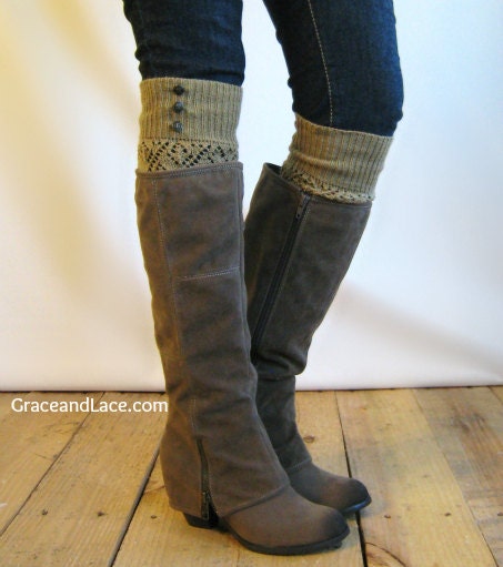 LouLou - Gold: Open-work Knit Leg Warmers with Antique Gold Metal Military Buttons - Legwarmers button legwarmers(item no. 9-11)