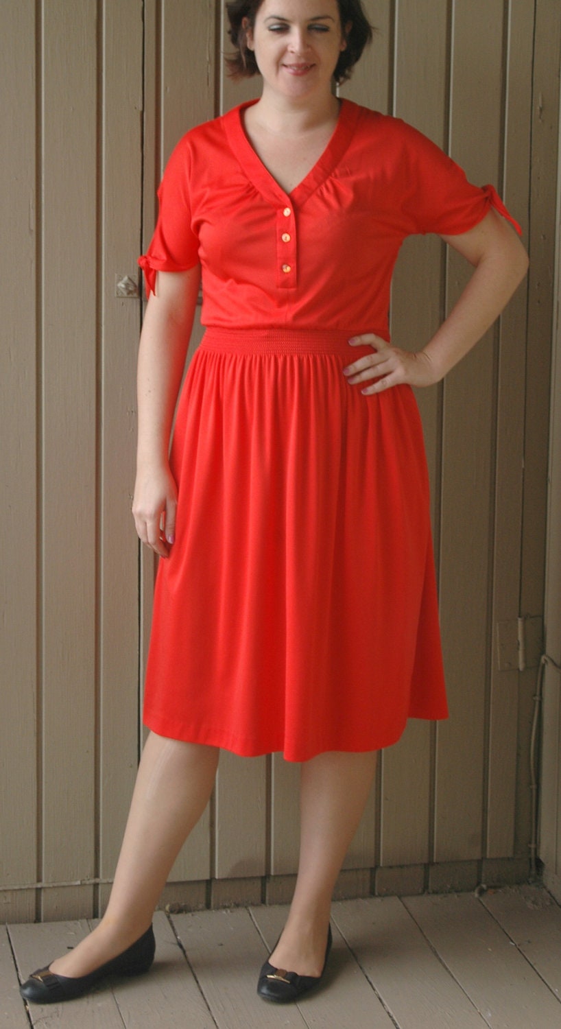 Vintage 70's Red Dress Large Casual Dress Polyester with Cute Sleeves ...