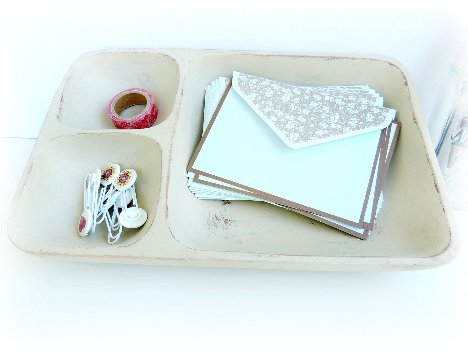 Vintage Wood Divided Tray Desk Organizer Cubby Storage Distressed Shabby Chic Home Office Decor