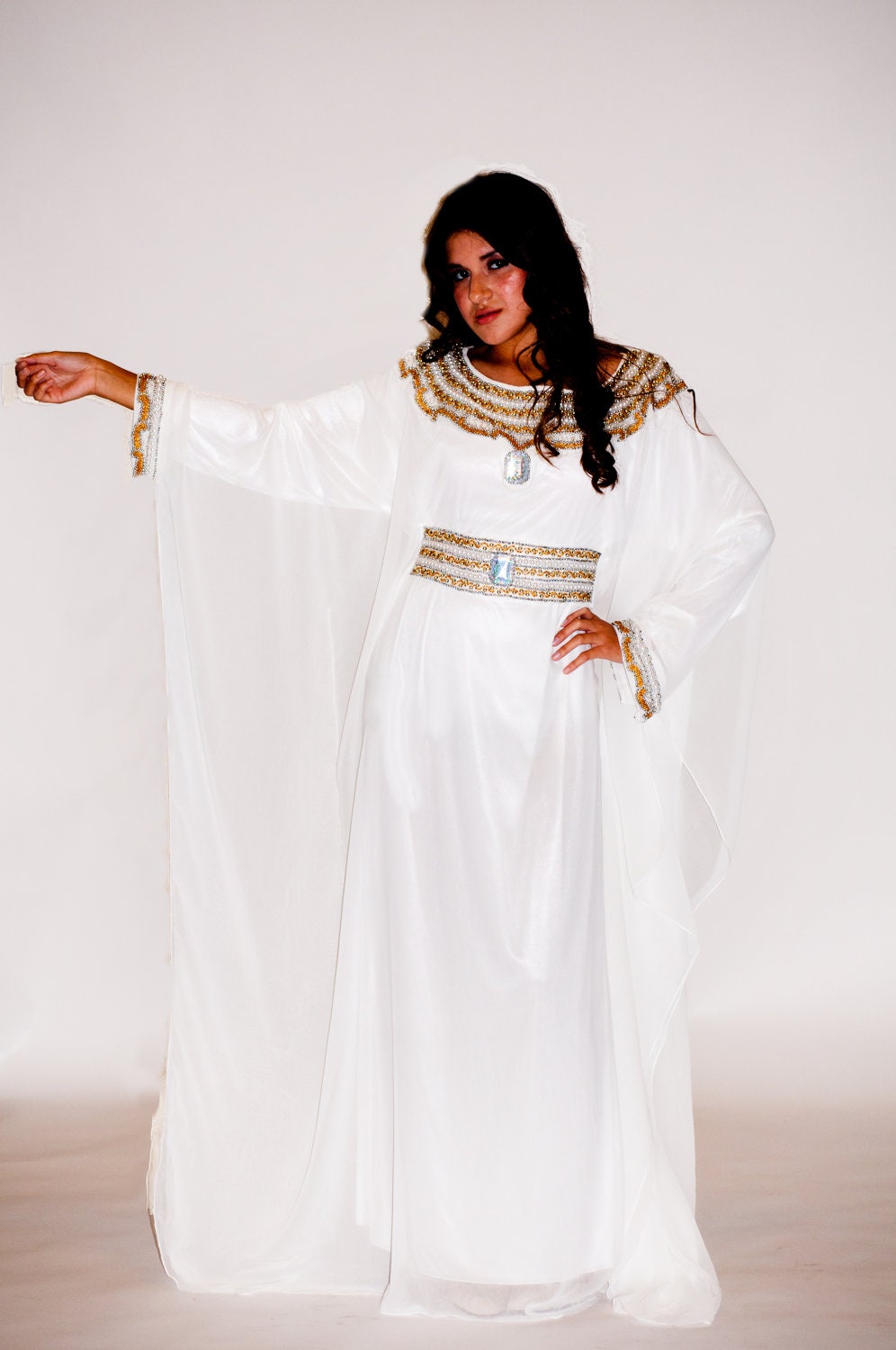 LF- 16 Chiffon Maxi Dress Beaded Caftan. One Size Fits Most. White and Gold