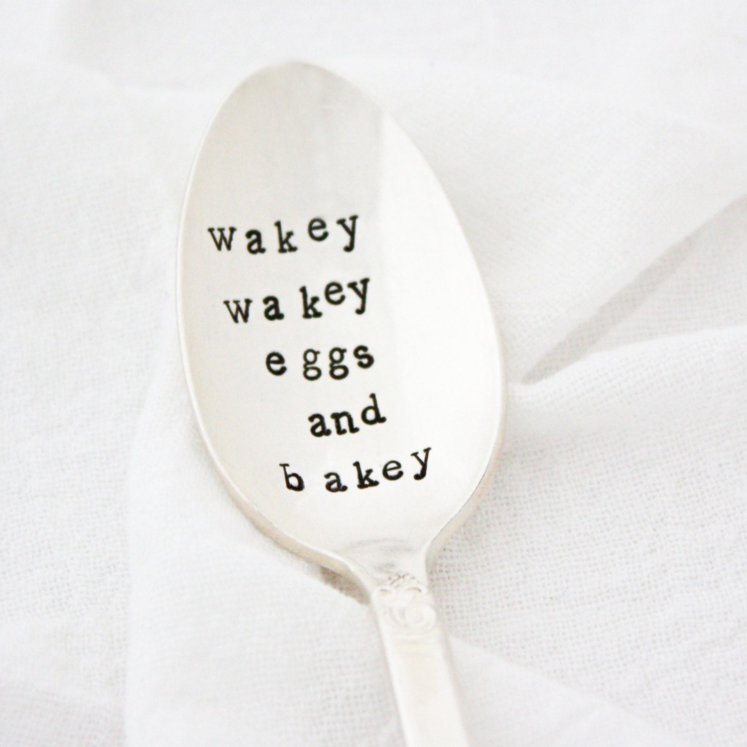 Wakey Wakey Eggs and Bakey, hand stamped spoon for your morning coffee or tea. Vintage silverplate by MIlk and Honey