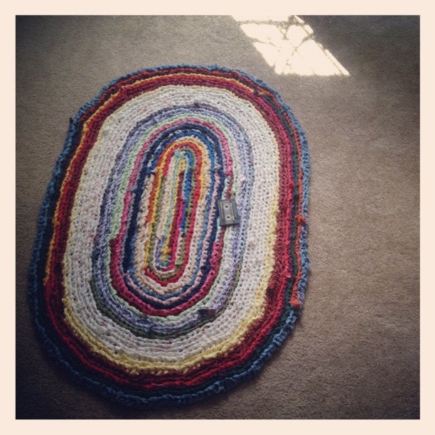 55" - Oval Rag Rug - Hand Crocheted Rustic Upcycled Rug - Red White And Blue