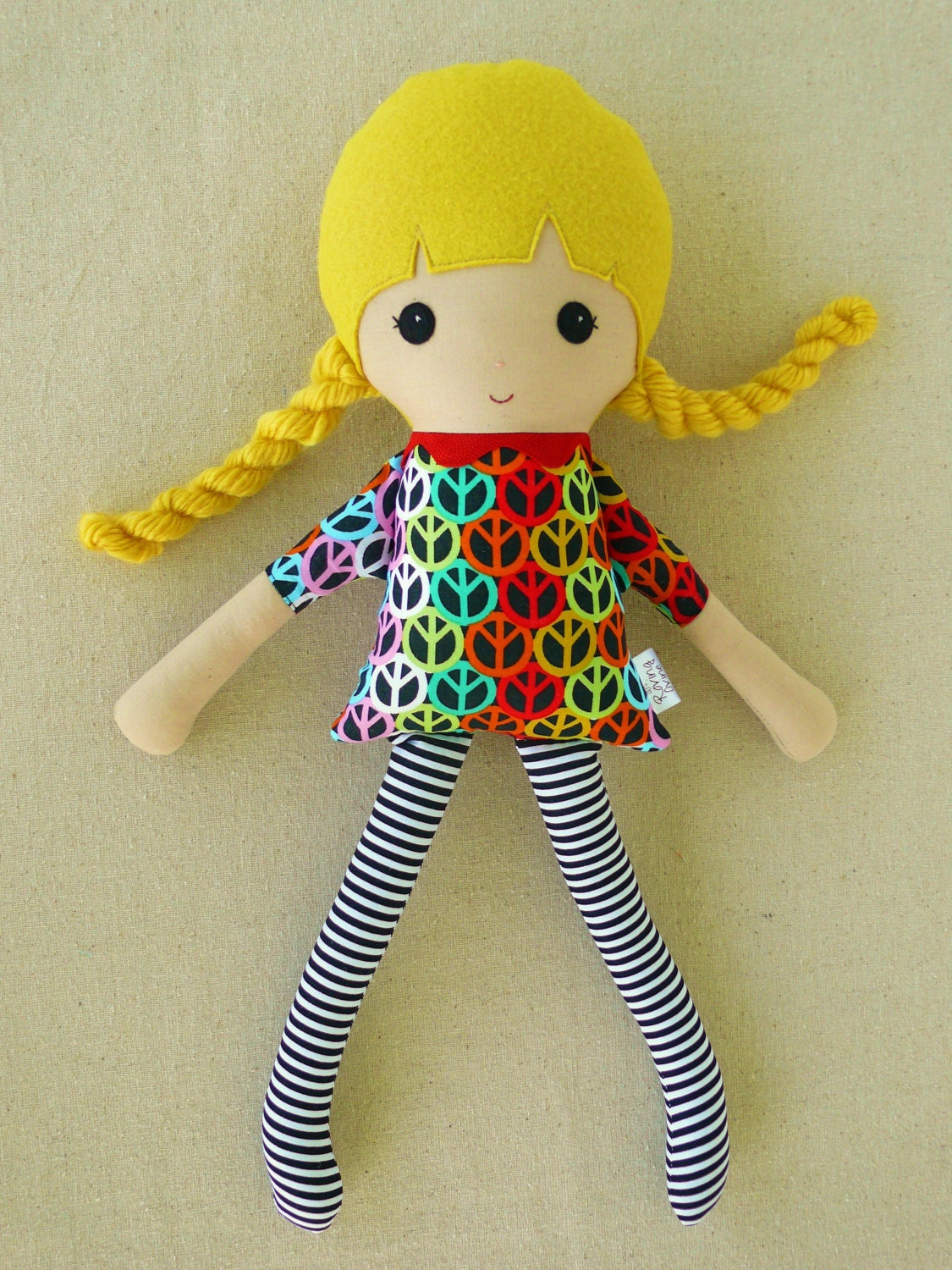 Fabric Doll Rag Doll Girl in Peace Sign Dress