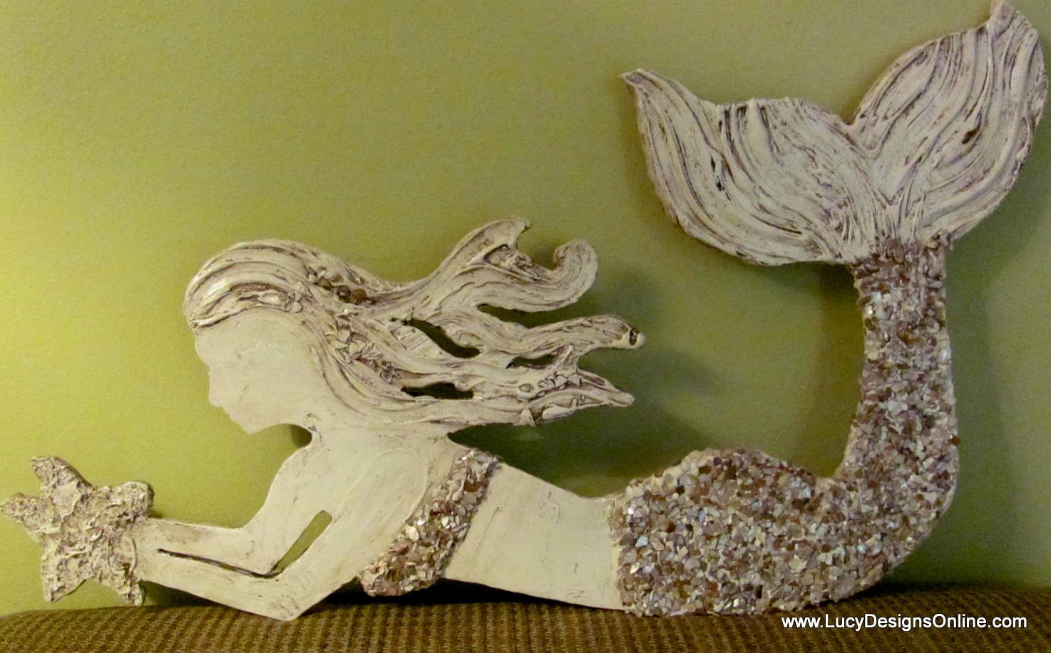 Mini Small Hand Made Mermaid Wall Art with Shells, crushed seashells, mosaic, Signage, Vintage Look