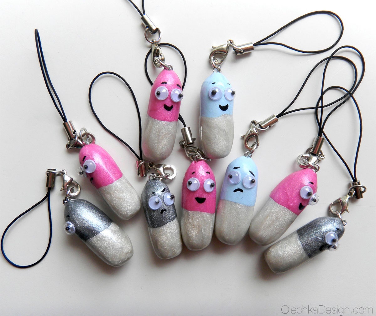 Medication Capsule Charm - Polymer Clay Wiggle Eyes