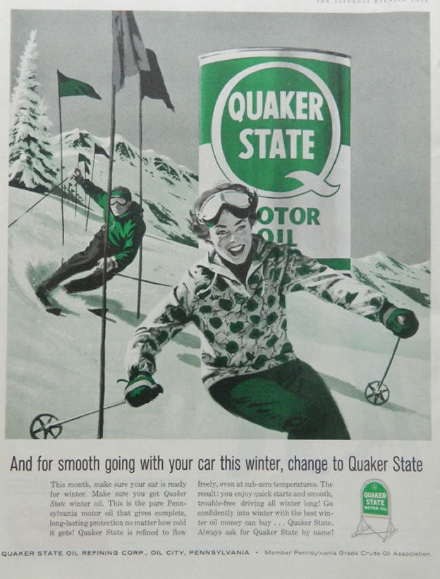 Vintage Oil Ad - Quaker State, Skiing - Petroliana Collectible - OR couple with a halo on reverse of page