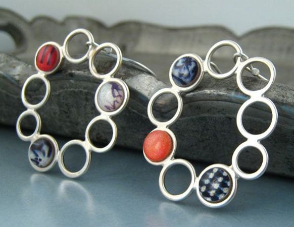 Fun silver dangle earrings with orange & black and white photos, Unique handmade silver jewelry, polymer clay jewelry