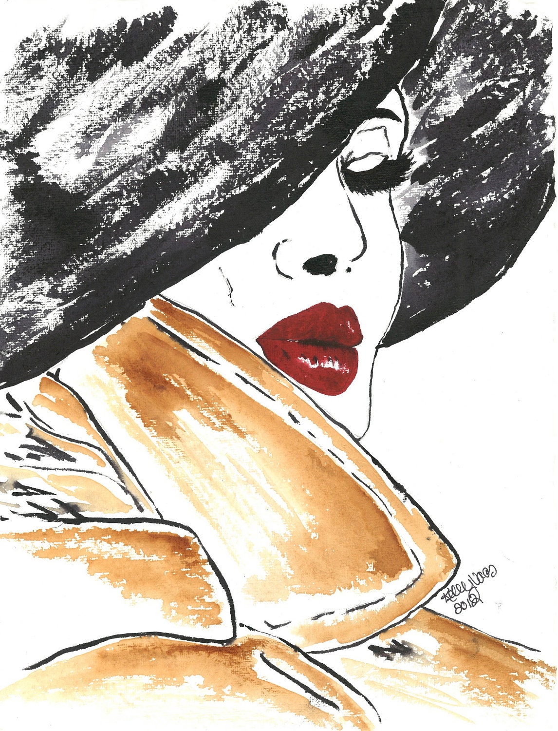 Woman in a Black Hat 11x14" Watercolor Painting on Handmade Paper