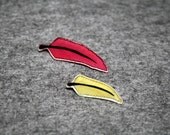 Pink & Yellow feather brooches, hand drawn on shrinky plastic