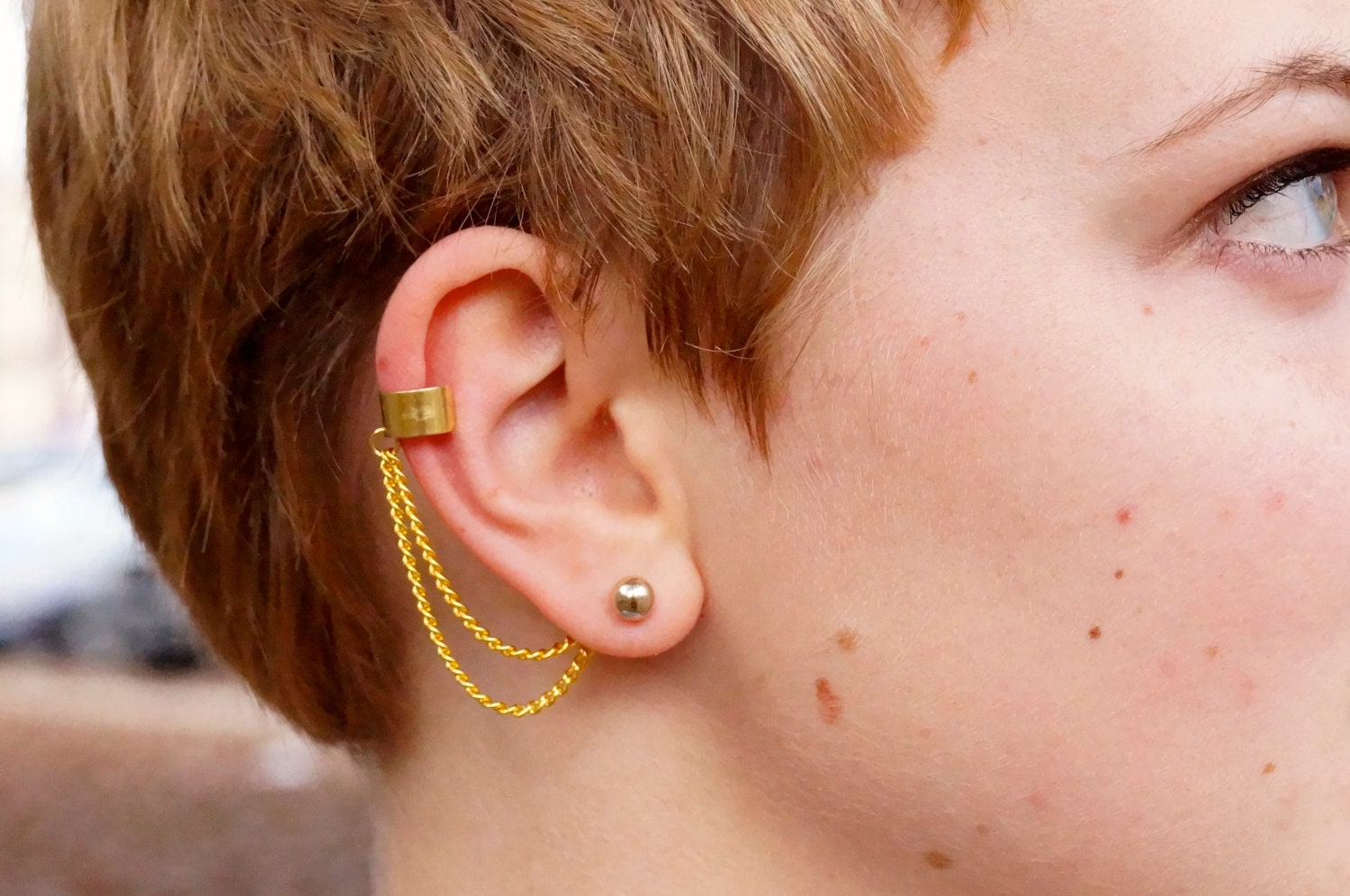 Simple Gold Ear Cuff - Double Chain on Earring Back