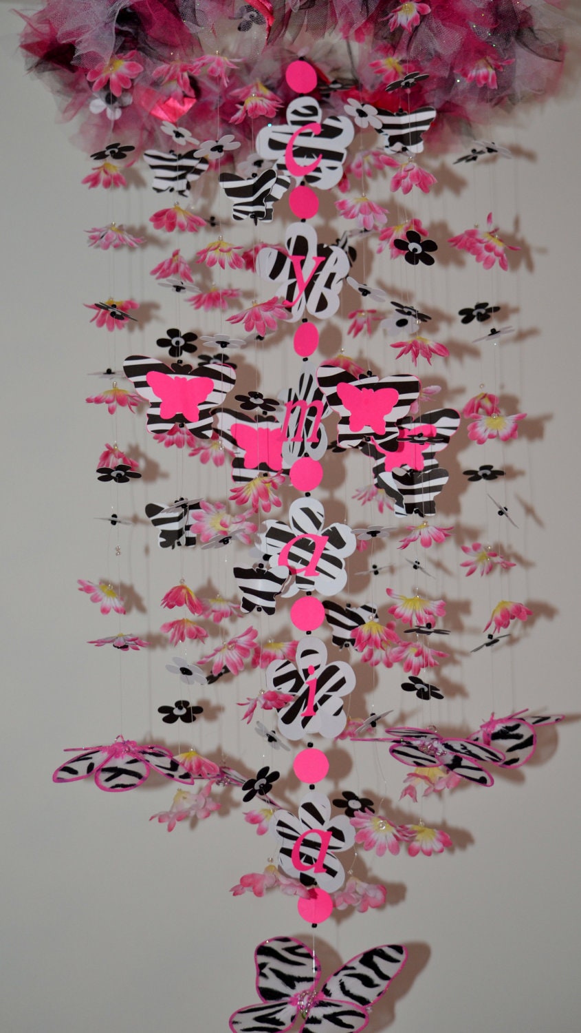 Pink and Zebra Mobile (butterfly and flowers) Nursery Decor, Baby Shower gift