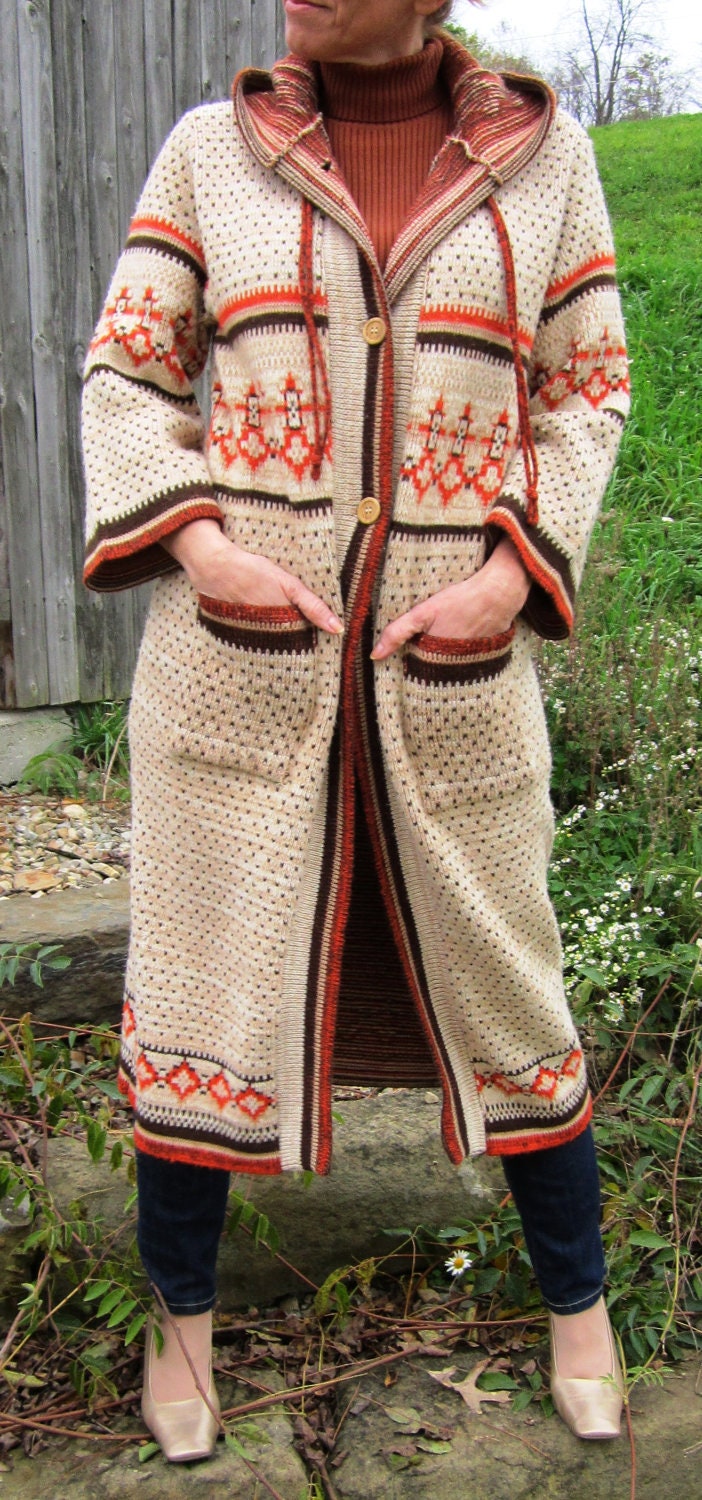 70s Yoga Hippie Boho Maxi Sweater Coat Earthy Ethnic Tribal Print Sturbridge Sweater Jacket Hooded Medium M