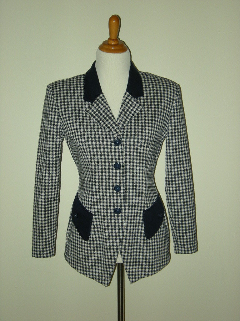 1970s Vintage Fitted Blue Gingham Jacket Medium