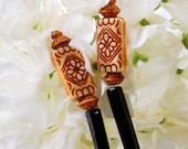 Vintage Hair Sticks, Asian Chopsticks, Brown Cream Floral Flower Beads, Black Plastic, 1960s 1970s Mad Men Accessory Jewelry