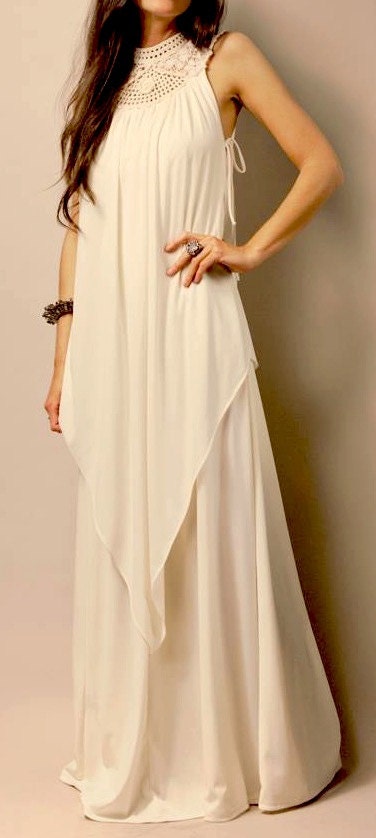 Vintage White Maxi Dress with Beautiful by MoonMaidenVintage