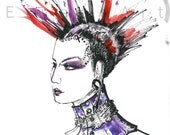 Fashion illustration, watercolor, original watercolor, 5x7, print, steampunk, couture, mohawk, art print, punk, neck corset, gothic, ink